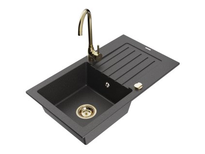 Granitový drez Mexen Pablo s 1 misou, odkapávačom a kuchynskou batériou Telma, čierna škvrnitá - 6510-76-670200-50