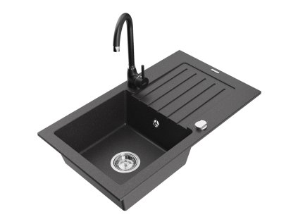 Granitový drez Mexen Pablo s 1 misou, odkapávačom a kuchynskou batériou Telma, čierna škvrnitá - 6510-76-670200-70