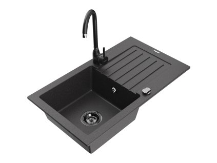 Granitový drez Mexen Pablo s 1 misou, odkapávačom a kuchynskou batériou Telma, čierna škvrnitá - 6510-76-670200-70-B