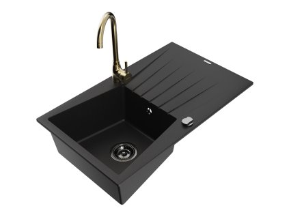 Granitový drez Mexen Cesar s 1 misou, odkapávačom a kuchynskou batériou Telma, čierny - 6514-77-670200-50-B