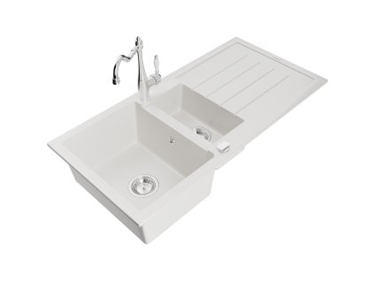 Granitový drez Mexen Andres s 1,5 misky, odkapávačom a kuchynskou batériou Carla, biely - 6515-20-670700-00