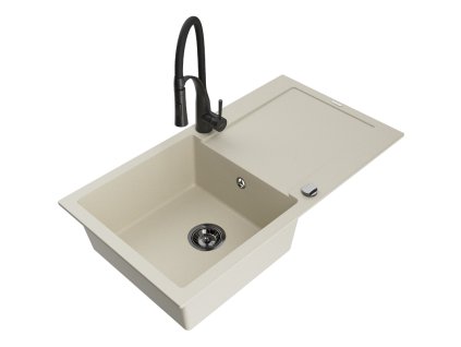 Granitový drez Mexen Leo s 1 misou, odkapávačom a batériou Aster, béžový - 6501-69-73450-70-B