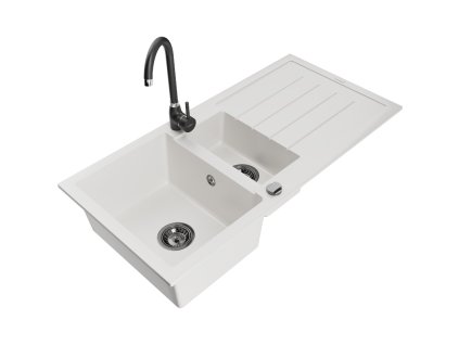 Granitový drez Mexen Andres s 1,5 misky, odkapávačom a kuchynskou batériou Telma, biely - 6515-20-670200-70