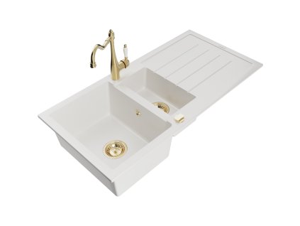 Granitový drez Mexen Andres s 1,5 misky, odkapávačom a kuchynskou batériou Carla, biely - 6515-20-670700-50