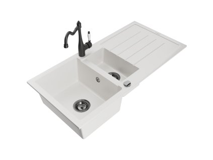 Granitový drez Mexen Andres s 1,5 misky, odkapávačom a kuchynskou batériou Carla, biely - 6515-20-670700-70