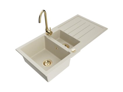 Granitový drez Mexen Andres s 1,5 miskou, odkapávačom a kuchynskou batériou Telma, béžový - 6515-69-670200-50