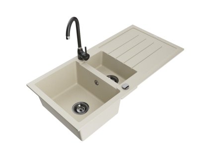 Granitový drez Mexen Andres s 1,5 miskou, odkapávačom a kuchynskou batériou Telma, béžový - 6515-69-670200-70