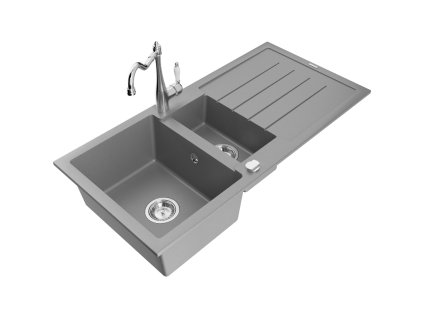 Granitový drez Mexen Andres s 1,5 misy, odkapávačom a kuchynskou batériou Carla, sivý - 6515-71-670700-00