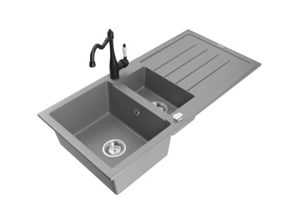 Granitový drez Mexen Andres s 1,5 misy, odkapávačom a kuchynskou batériou Carla, sivý - 6515-71-670700-70