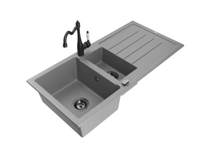 Granitový drez Mexen Andres s 1,5 misy, odkapávačom a kuchynskou batériou Carla, sivý - 6515-71-670700-70-B