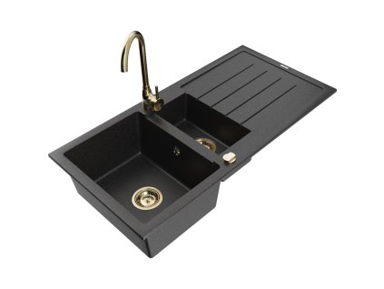 Granitový drez Mexen Andres s 1,5 miskou, odkapávačom a kuchynskou batériou Telma, čierny/strieborný - 6515-73-670200-50