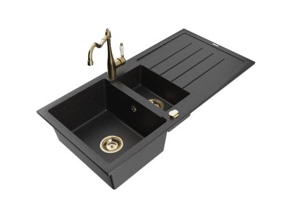 Granitový drez Mexen Andres s 1,5 miskou, odkapávačom a kuchynskou batériou Carla, čierny/strieborný - 6515-73-670700-50