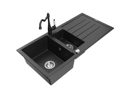 Granitový drez Mexen Andres s 1,5 miskou, odkapávačom a kuchynskou batériou Carla, čierny/strieborný - 6515-73-670700-70
