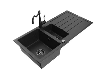 Granitový drez Mexen Andres s 1,5 miskou, odkapávačom a kuchynskou batériou Carla, čierny/strieborný - 6515-73-670700-70-B