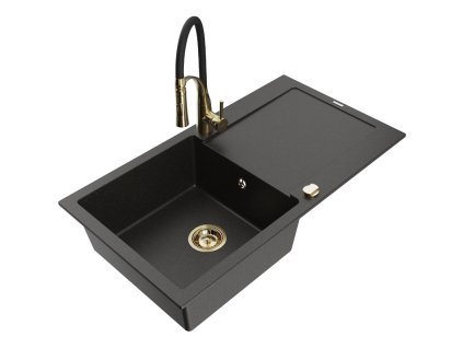 Granitový drez Mexen Leo s 1 misou, odkapávačom a batériou Aster, čierna/zlatá metalíza - 6501-75-73450-57-G