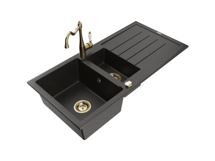 Granitový drez Mexen Andres s 1,5 misy, odkapávačom a kuchynskou batériou Carla, čierna/zlatá metalíza - 6515-75-670700-50