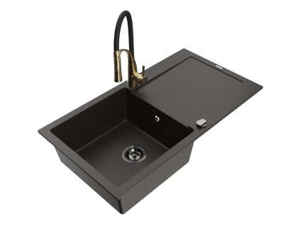 Granitový drez Mexen Leo s 1 misou, odkvapkávačom a batériou Aster, čierna/zlatá metalíza - 6501-75-73450-57-B
