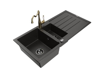 Granitový drez Mexen Andres s 1,5 misy, odkapávačom a kuchynskou batériou Carla, čierna/zlatá - 6515-75-670700-50-B