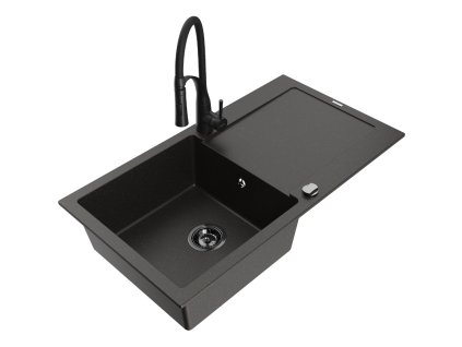 Granitový drez Mexen Leo s 1 misou, odkapávačom a batériou Aster, čierna/zlatá metalíza - 6501-75-73450-70-B