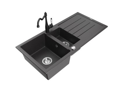 Granitový drez Mexen Andres s 1,5 misy, odkapávačom a kuchynskou batériou Carla, čierny bodkovaný - 6515-76-670700-70