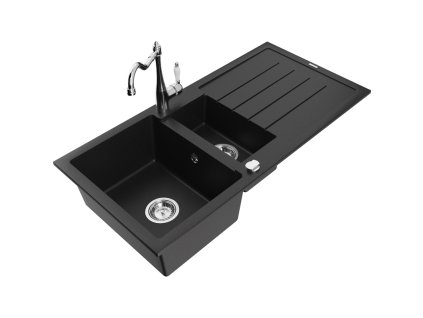 Granitový drez Mexen Andres s 1,5 misky, odkapávačom a kuchynskou batériou Carla, čierny - 6515-77-670700-00