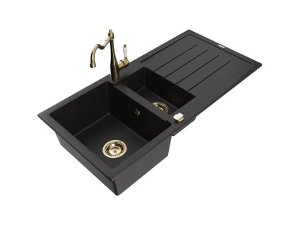 Granitový drez Mexen Andres s 1,5 misy, odkapávačom a kuchynskou batériou Carla, čierny - 6515-77-670700-50