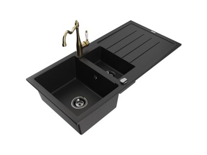 Granitový drez Mexen Andres s 1,5 misy, odkapávačom a kuchynskou batériou Carla, čierny - 6515-77-670700-50-B