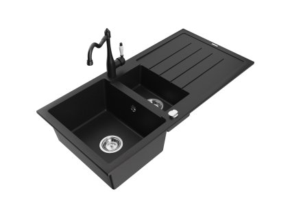 Granitový drez Mexen Andres s 1,5 misy, odkapávačom a kuchynskou batériou Carla, čierny - 6515-77-670700-70