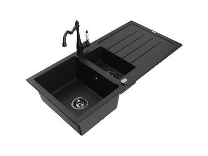 Granitový drez Mexen Andres s 1,5 misy, odkapávačom a kuchynskou batériou Carla, čierny - 6515-77-670700-70-B