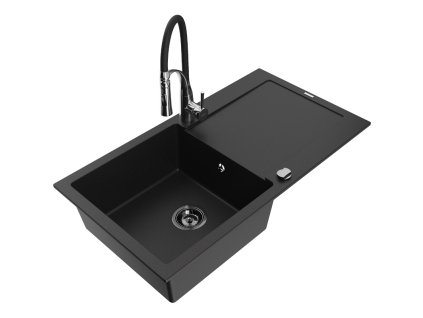 Granitový drez Mexen Leo s 1 misou, odkapávačom a batériou Aster, čierny - 6501-77-73450-07-B