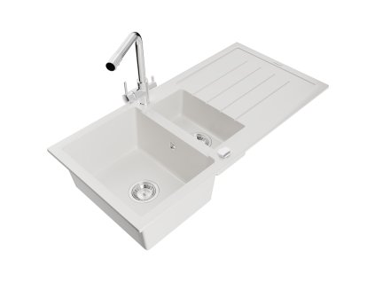 Granitový drez Mexen Andres s 1,5 misky, odkapávačom a kuchynskou batériou Duero, biely - 6515-20-671600-00