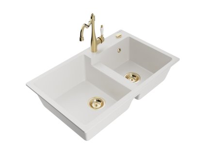 Mexen Tomas 2-komorový granitový drez s kuchynskou batériou Carla, biely - 6516-20-670700-50