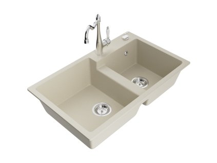Mexen Tomas 2-komorový granitový drez s kuchynskou batériou Carla, béžová - 6516-69-670700-00