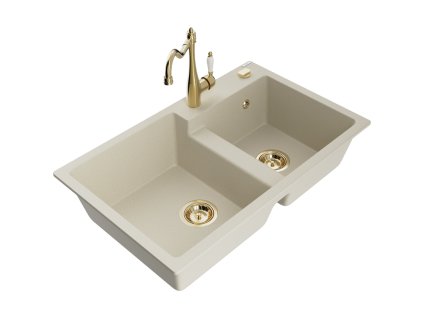 Mexen Tomas 2-komorový granitový drez s kuchynskou batériou Carla, béžová - 6516-69-670700-50