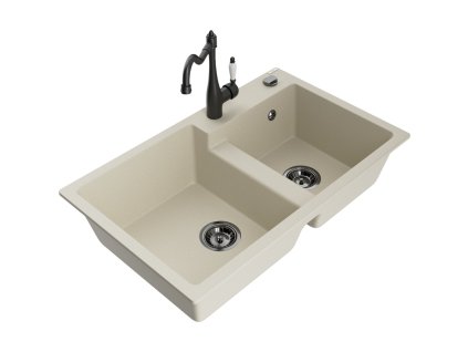 Mexen Tomas 2-komorový granitový drez s kuchynskou batériou Carla, béžová - 6516-69-670700-70