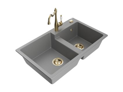 Granitový drez Mexen Tomas s 2 miskami a kuchynskou batériou Carla, sivý - 6516-71-670700-50