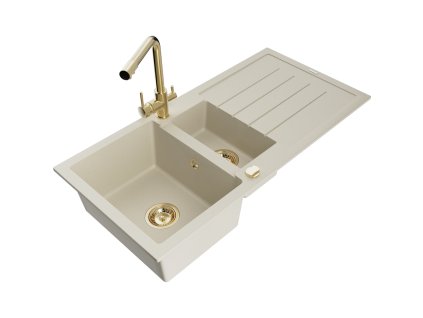 Granitový drez Mexen Andres s 1,5 misky, odkapávačom a kuchynskou batériou Duero, béžová farba - 6515-69-671600-50