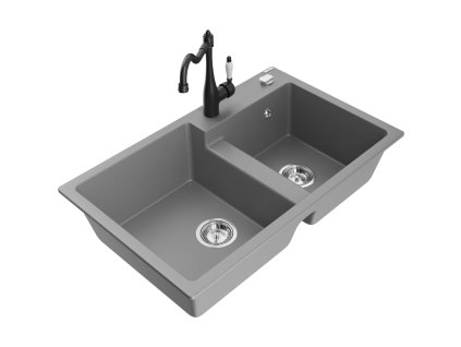 Granitový drez Mexen Tomas s 2 miskami a kuchynskou batériou Carla, sivý - 6516-71-670700-70