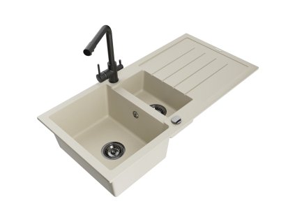 Granitový drez Mexen Andres s 1,5 misy, odkapávačom a kuchynskou batériou Duero, béžová farba - 6515-69-671600-70