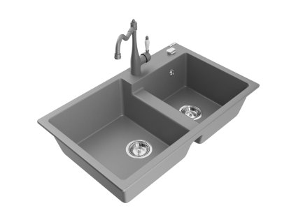 Granitový drez Mexen Tomas s 2 miskami a kuchynskou batériou Carla, sivý - 6516-71-670700-71