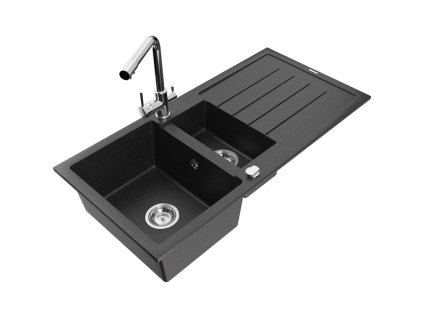 Granitový drez Mexen Andres s 1,5 miskou, odkapávačom a kuchynskou batériou Duero, čierny/strieborný - 6515-73-671600-00