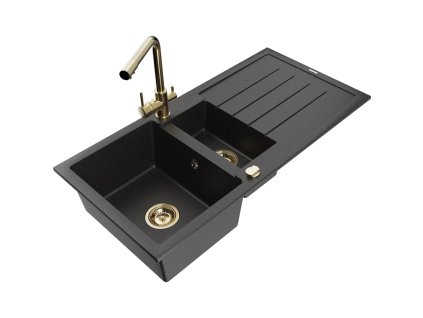 Granitový drez Mexen Andres s 1,5 misy, odkapávačom a kuchynskou batériou Duero, čierna/strieborná - 6515-73-671600-50