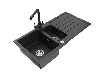 Granitový drez Mexen Andres s 1,5 misy, odkapávačom a kuchynskou batériou Duero, čierna/strieborná - 6515-73-671600-70