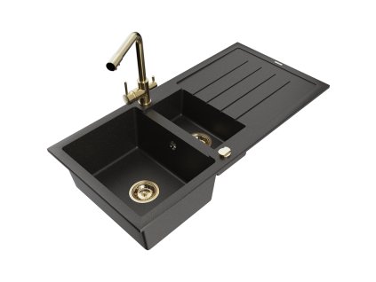 Granitový drez Mexen Andres s 1,5 misy, odkapávačom a kuchynskou batériou Duero, čierna/zlatá - 6515-75-671600-50