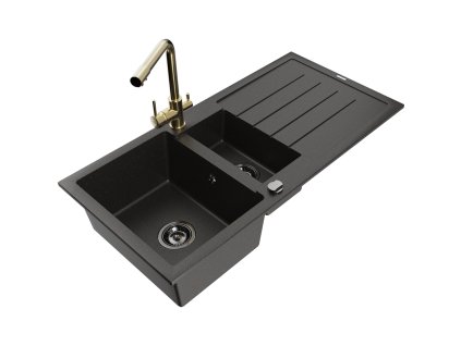 Granitový drez Mexen Andres s 1,5 misy, odkapávačom a kuchynskou batériou Duero, čierna/zlatá - 6515-75-671600-50-B