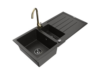 Granitový drez Mexen Andres s 1,5 misky, odkapávačom a kuchynskou batériou Telma, čierna/zlatá - 6515-75-670200-50-B
