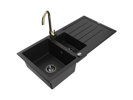 Granitový drez Mexen Andres s 1,5 misky, odkapávačom a kuchynskou batériou Telma, čierny - 6515-77-670200-50-B
