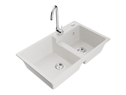 Mexen Tomas 2-komorový granitový drez s kuchynskou batériou Telma, biely - 6516-20-670200-00