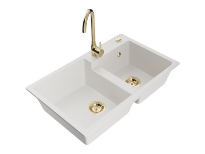 Mexen Tomas 2-komorový granitový drez s kuchynskou batériou Telma, biely - 6516-20-670200-50