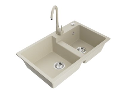 Mexen Tomas 2-komorový granitový drez s kuchynskou batériou Telma, béžová - 6516-69-670200-69